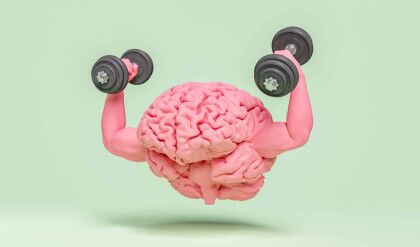 brain with muscular arms and dumbbells in hands. concept of exercise, healthy mind, training, strength and intelligence. 3d rendering