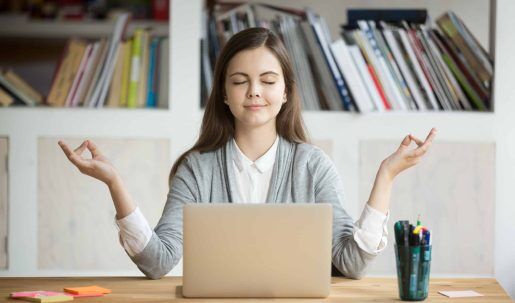 Calm,Woman,Relaxing,Meditating,With,Laptop,,No,Stress,Free,Relief